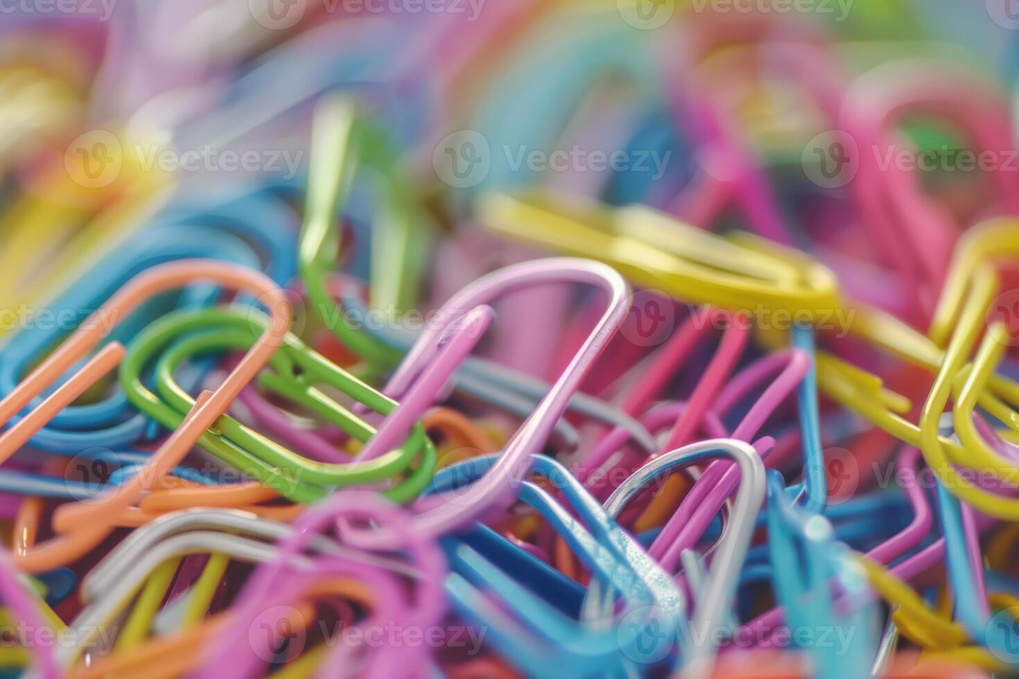 Colorful paperclips arranged in a chaotic pile on a desk during office hours photo