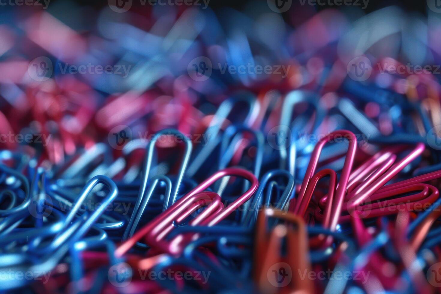 Colorful paperclips scattered on a desk in various shades of blue and red photo