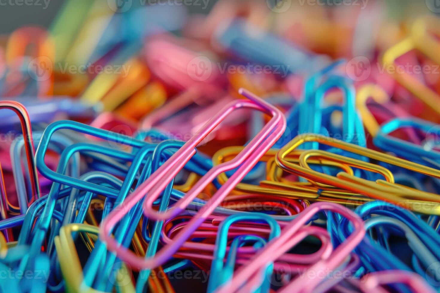 A vibrant assortment of colorful paperclips scattered on a desk surface photo