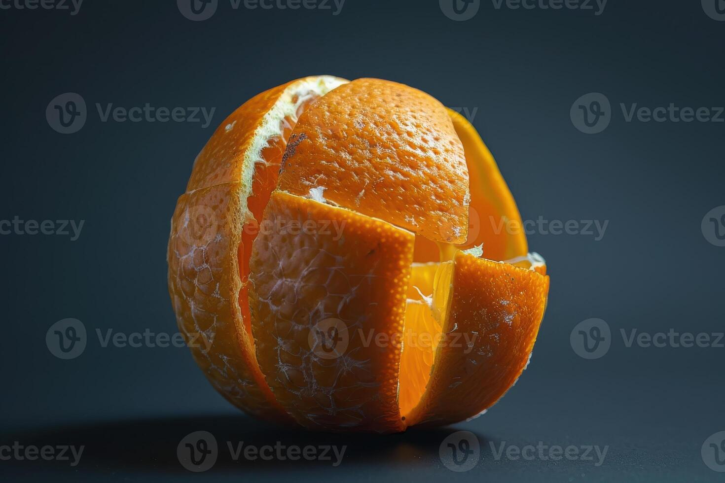 Freshly peeled orange on a dark background showcasing vibrant texture and color photo