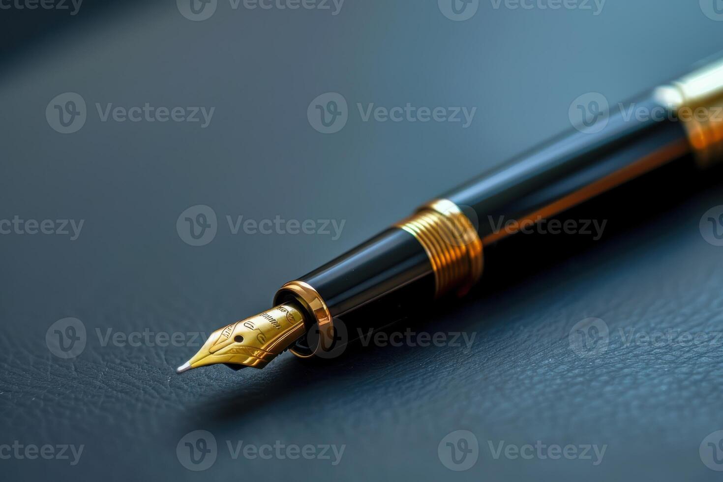 Elegant fountain pen resting on a dark leather surface, highlighting its intricate nib design and premium quality photo