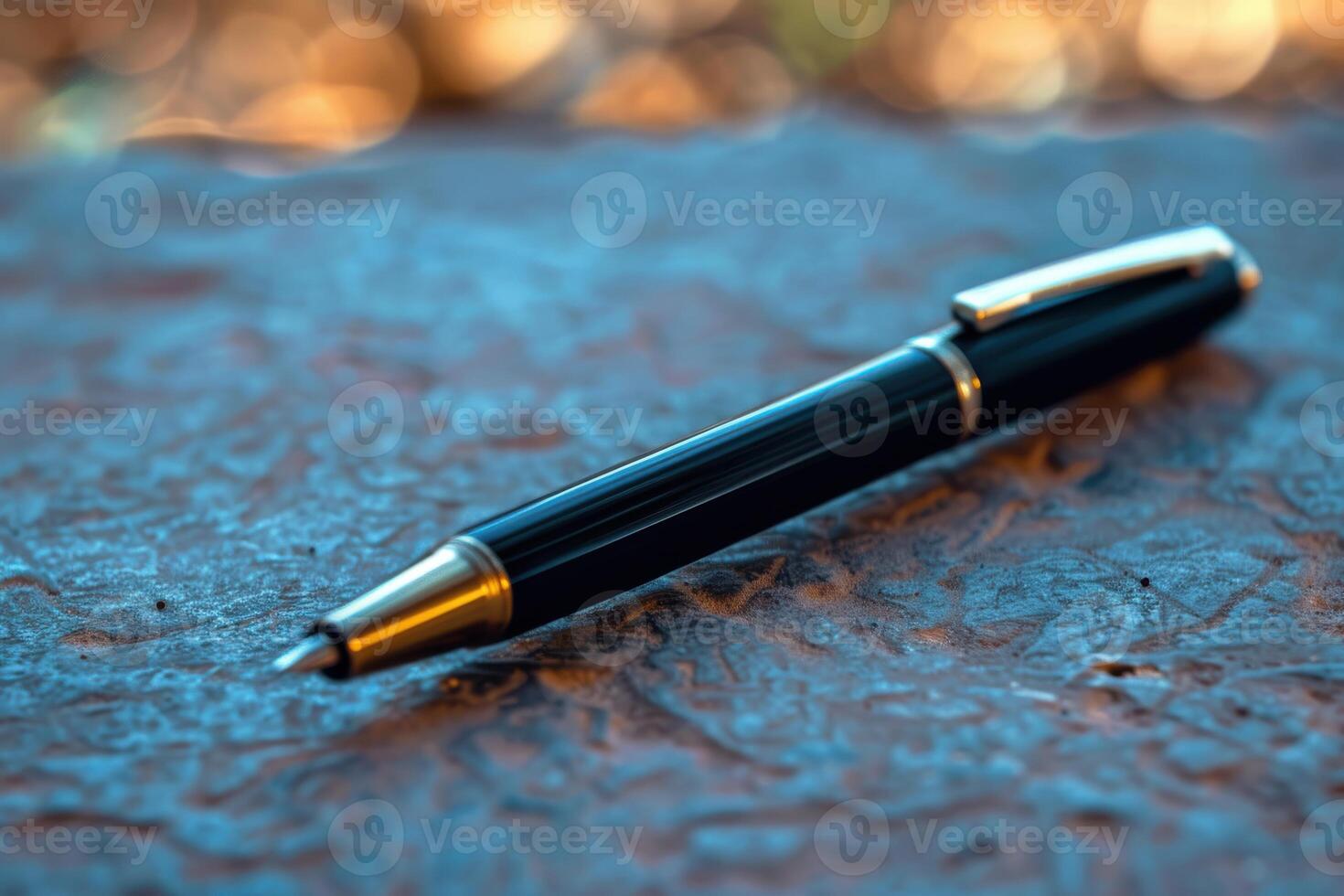 A sleek black pen rests on a textured surface in warm sunlight during the late afternoon photo