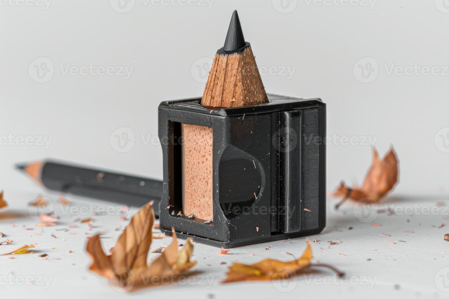 A close-up of a pencil and sharpener surrounded by shavings and dried leaves on a light surface photo