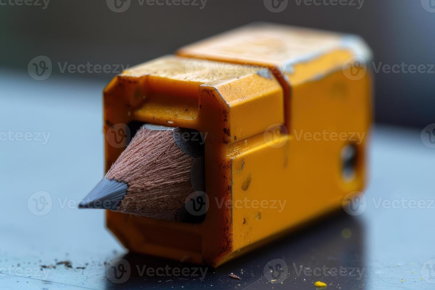 Close-up of a worn yellow pencil sharpener with a sharpened pencil inside resting on a dark surface photo