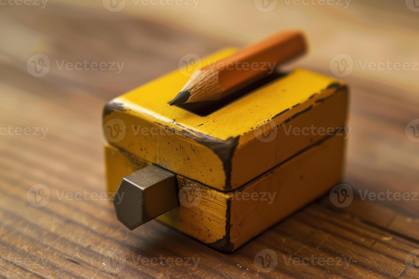 A close-up of a yellow pencil sharpener with a wooden pencil resting on top, placed on a rustic wooden table photo