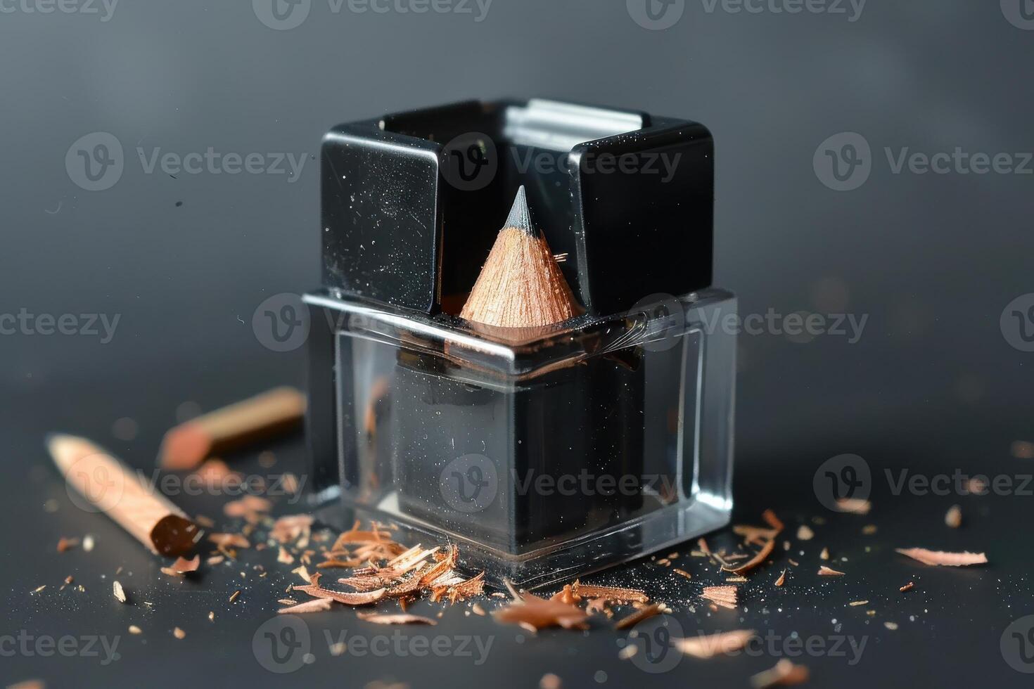 A pencil and sharpener with shavings on a black surface photo