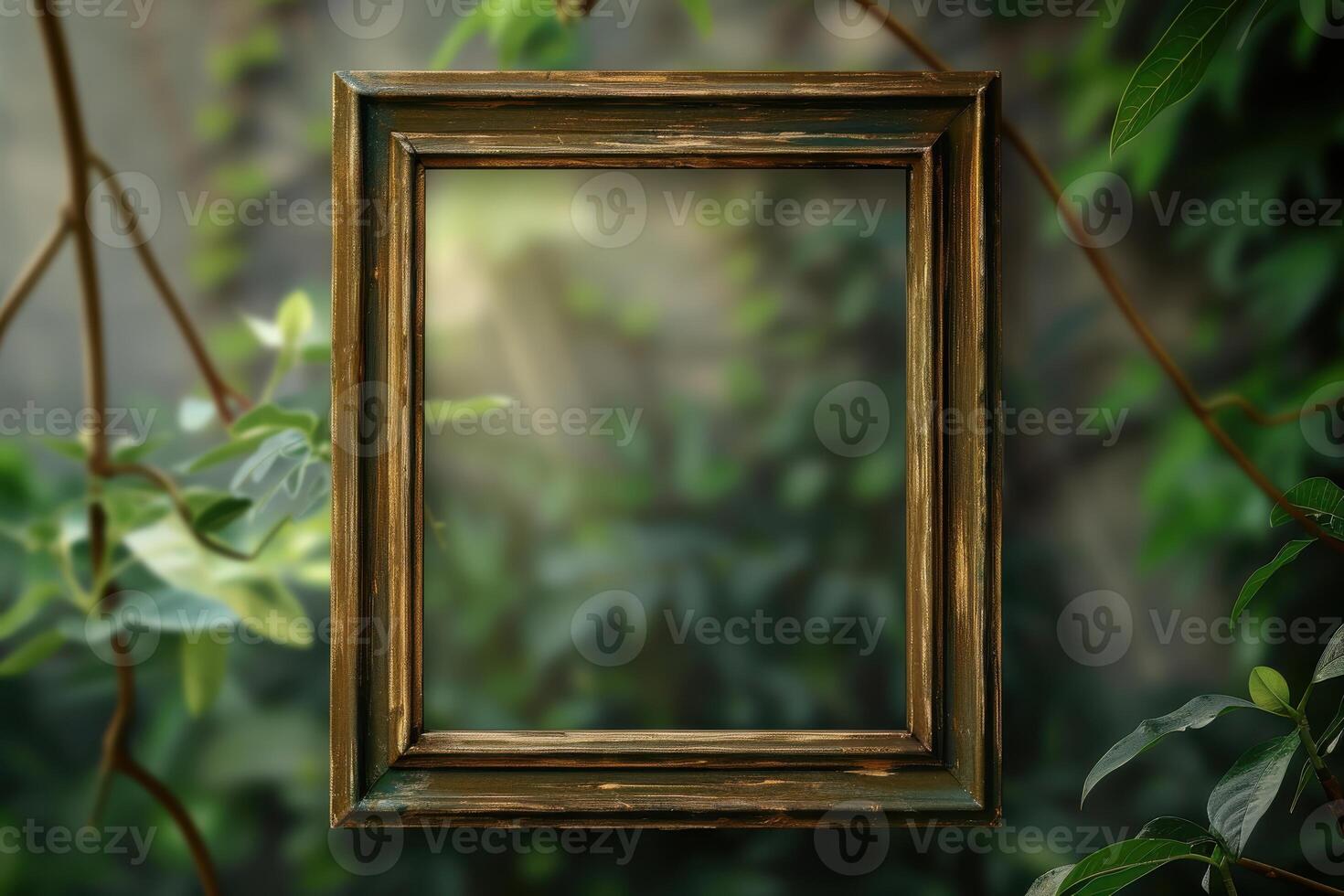 An empty wooden frame surrounded by lush greenery in a serene outdoor setting during golden hour photo