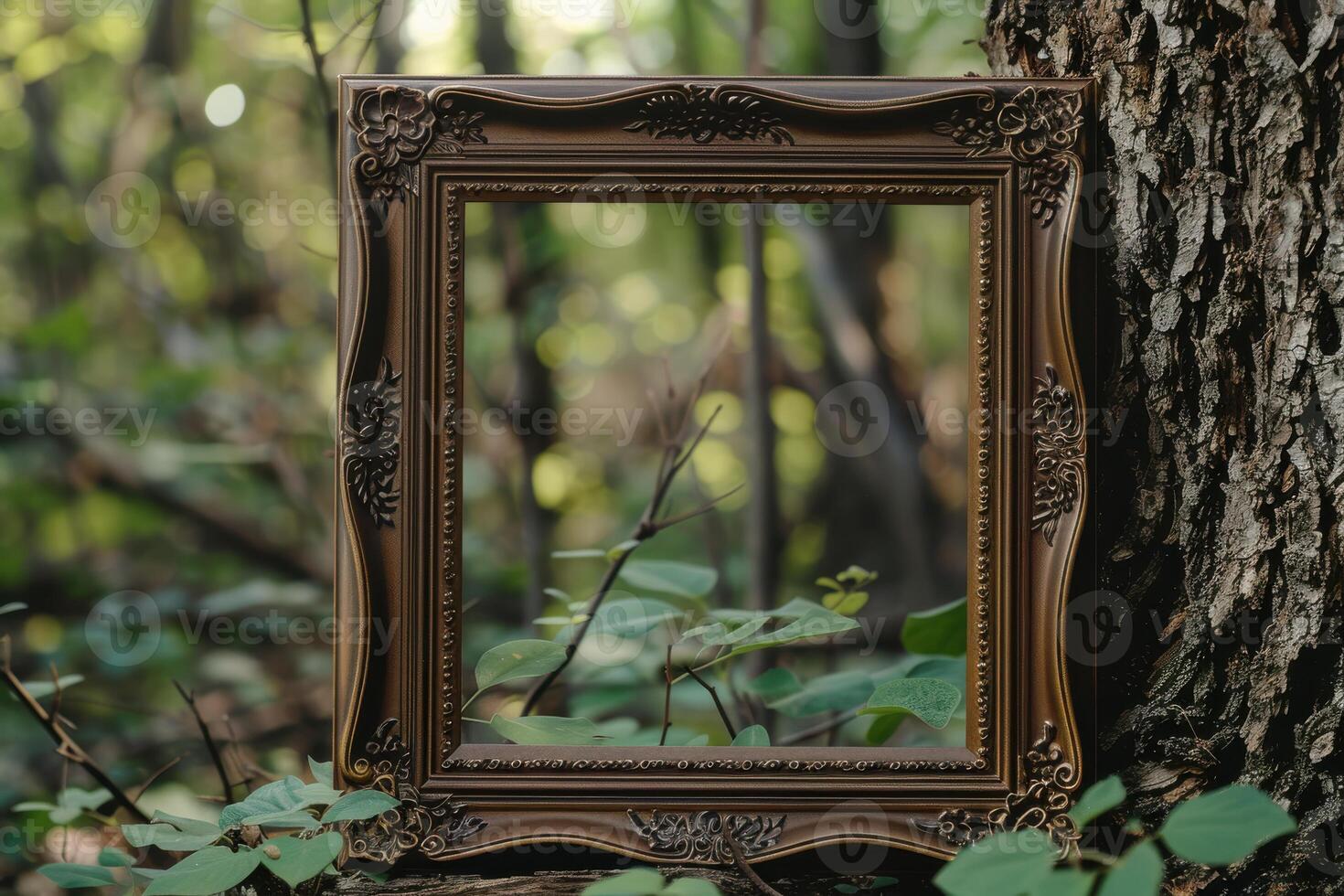 A vintage frame resting against a tree in a lush forest during the day photo