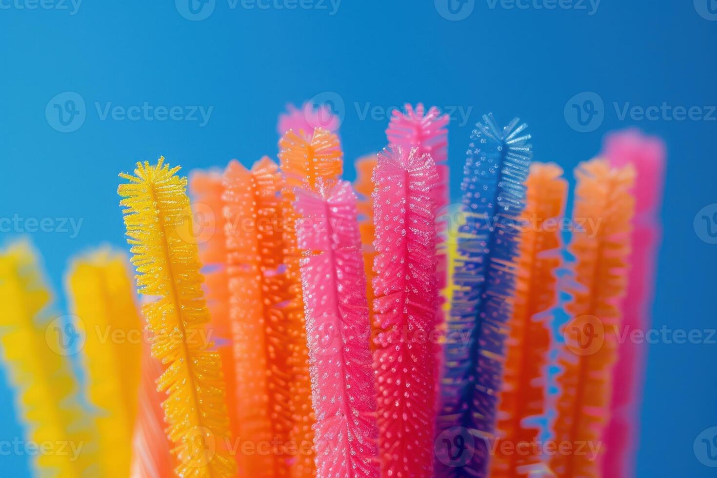 Colorful bristle cleaning sticks displayed against a blue background photo