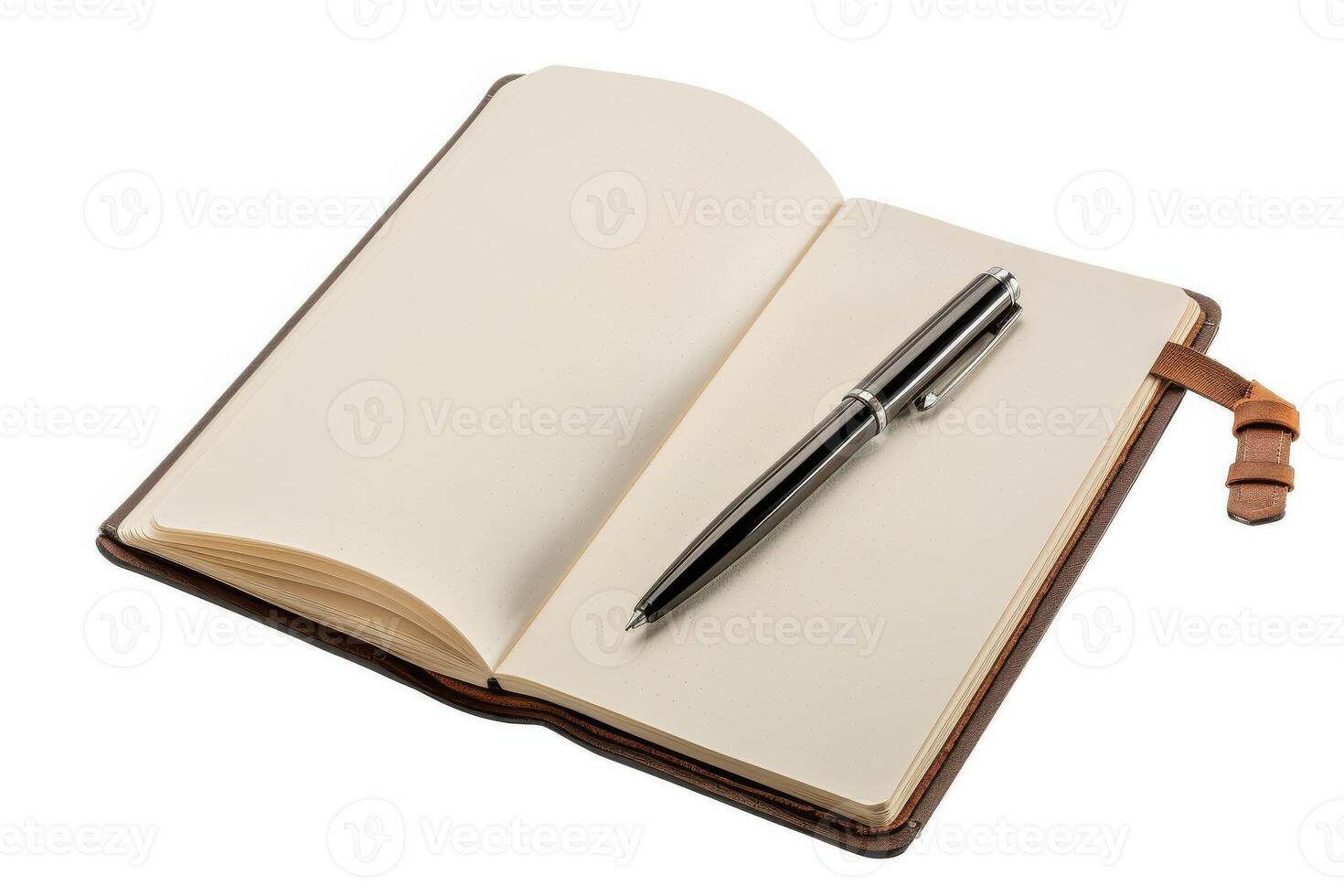 Open notebook with a black pen resting on blank pages, ready for writing, on a white background photo