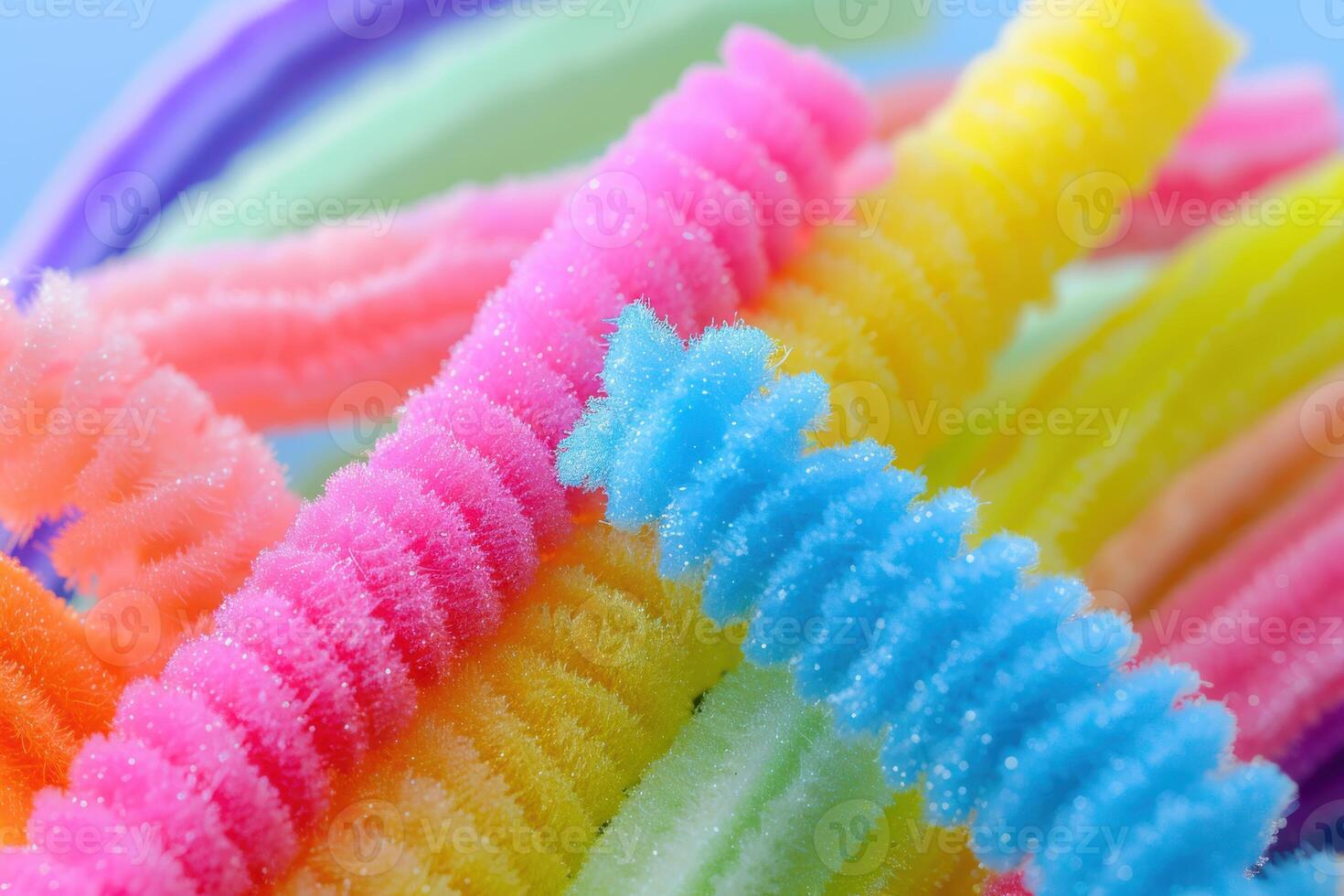 Colorful, textured pipe cleaners in vibrant hues arranged playfully on a light blue surface photo