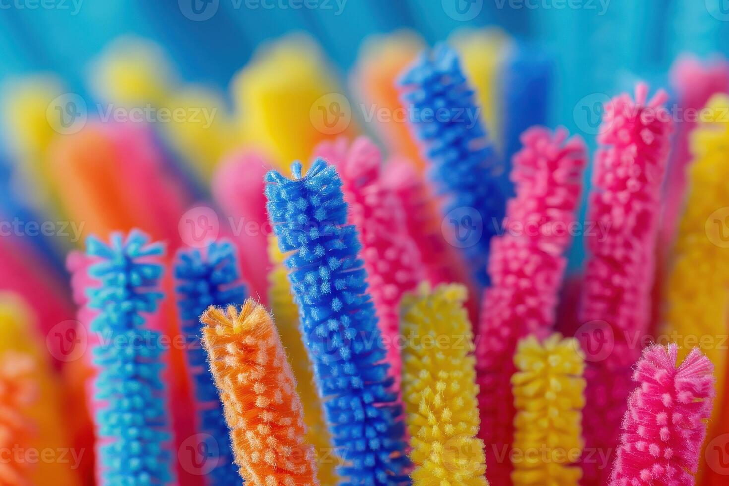 Colorful pipe cleaners arranged in a vibrant display against a blue background photo