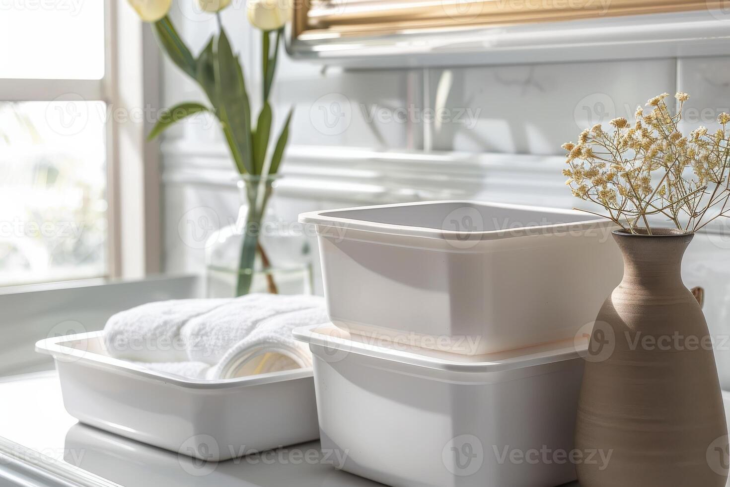 Elegant bathroom setup with stacked storage containers and fresh flowers at midday photo