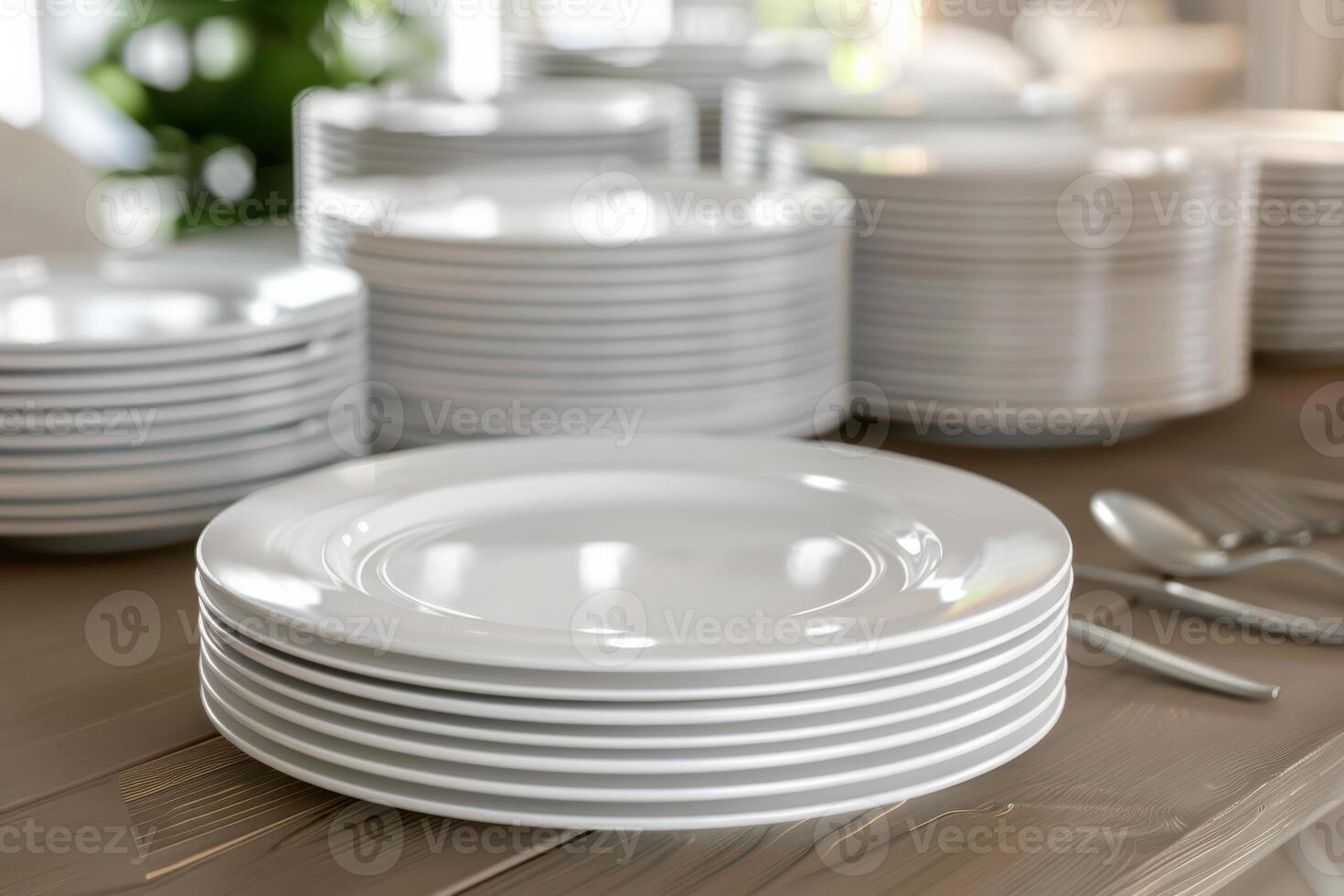 Stacks of white dinner plates arranged neatly on a wooden table in a bright dining area photo