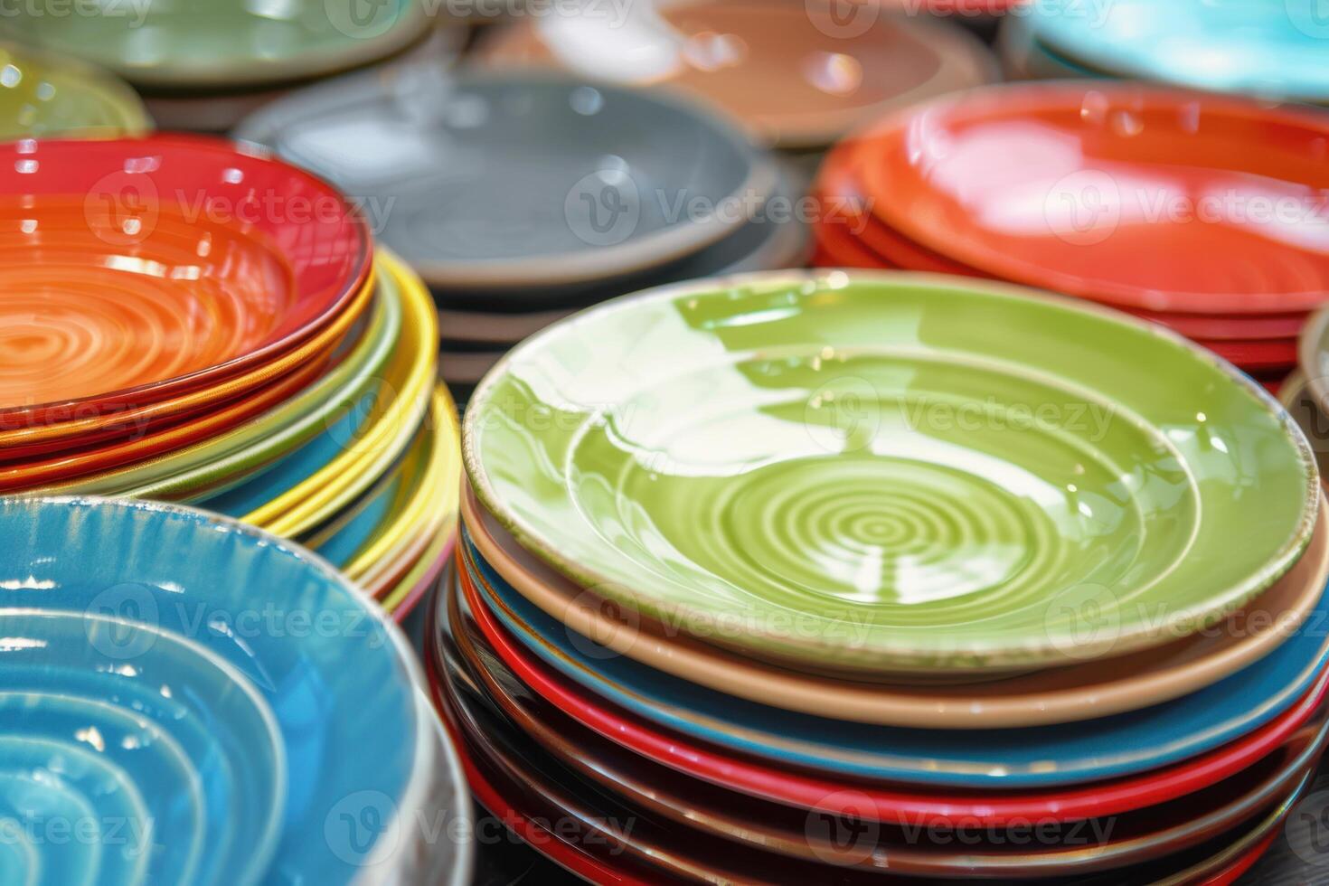 Stacked colorful ceramic plates in a market display during daylight photo