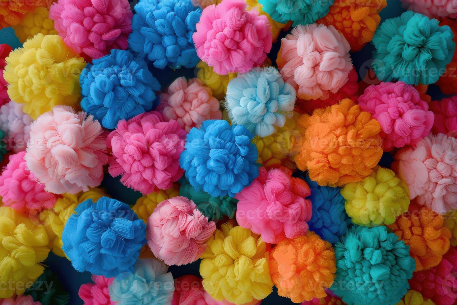 Colorful pom-poms spread across a vibrant surface during a craft project in a bright workspace photo