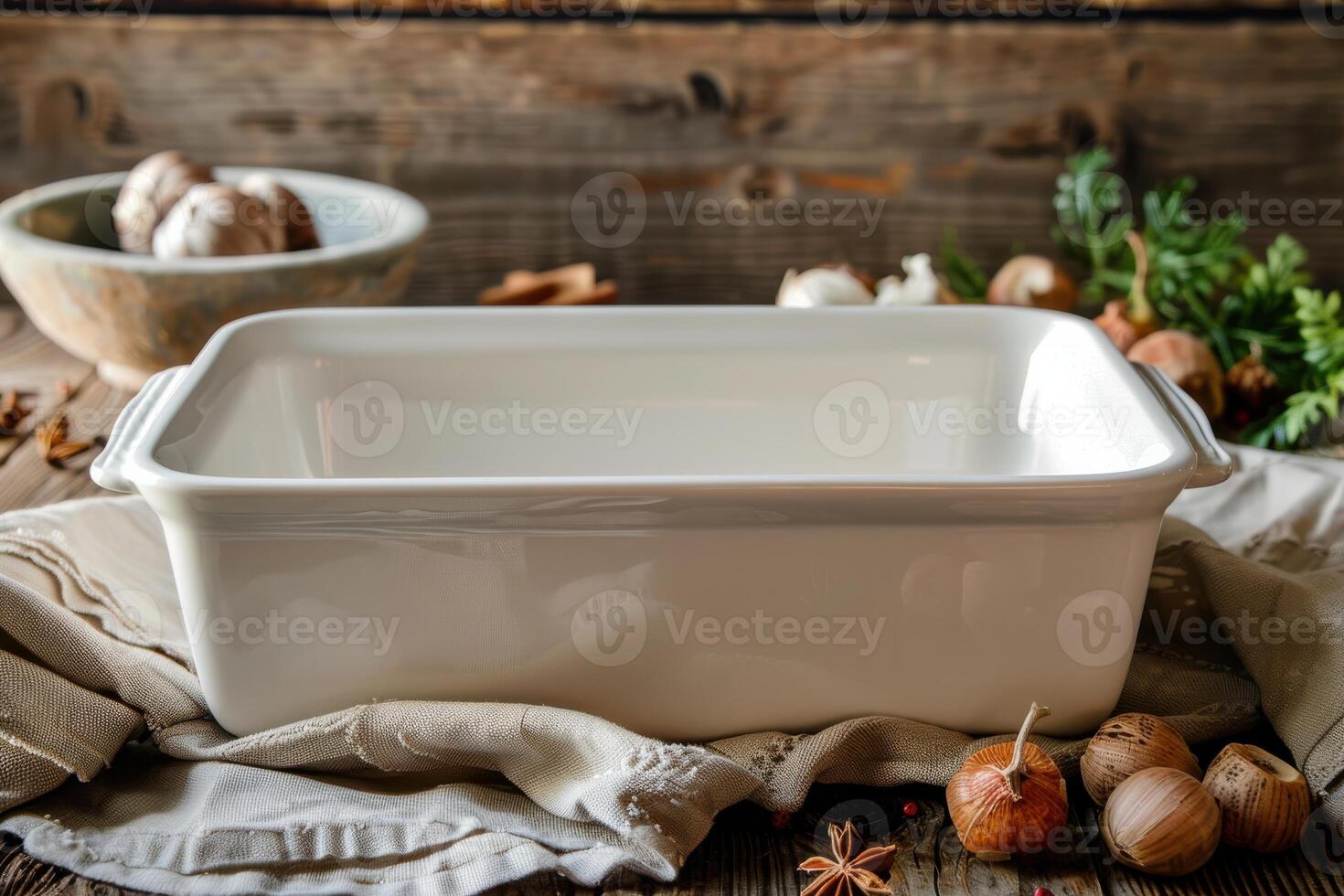 Empty white baking dish on a rustic wooden table beside fresh herbs and spices, ready for meal preparation photo