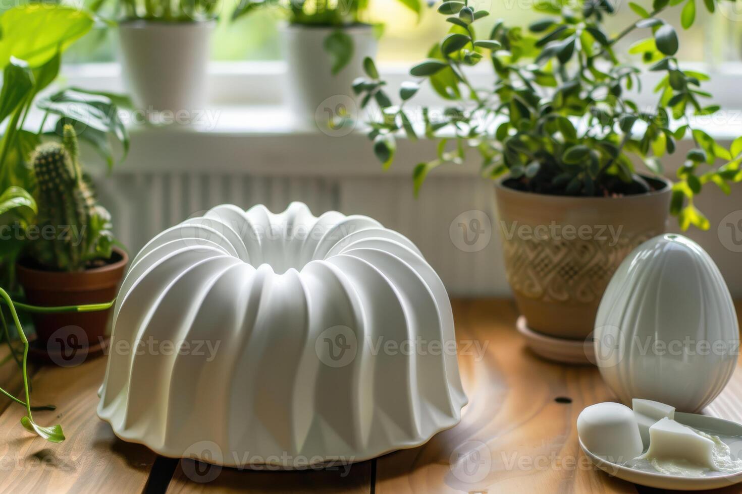 Elegant white bundt cake on a wooden table surrounded by green plants in a bright kitchen space photo