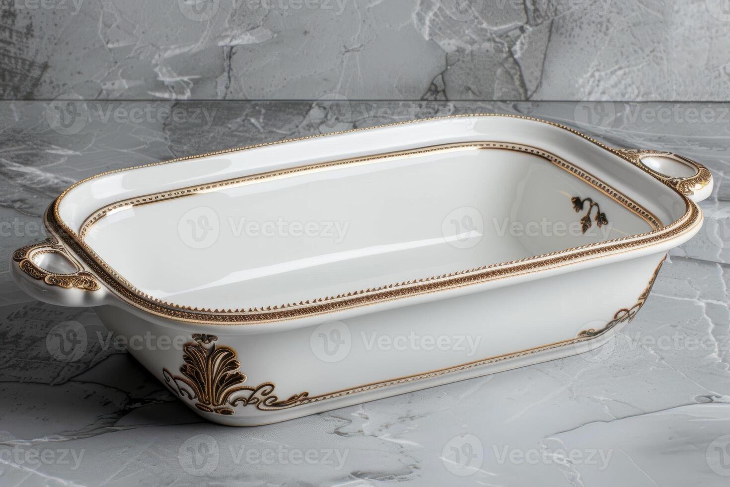 Elegant white ceramic baking dish with gold accents on a marble countertop photo