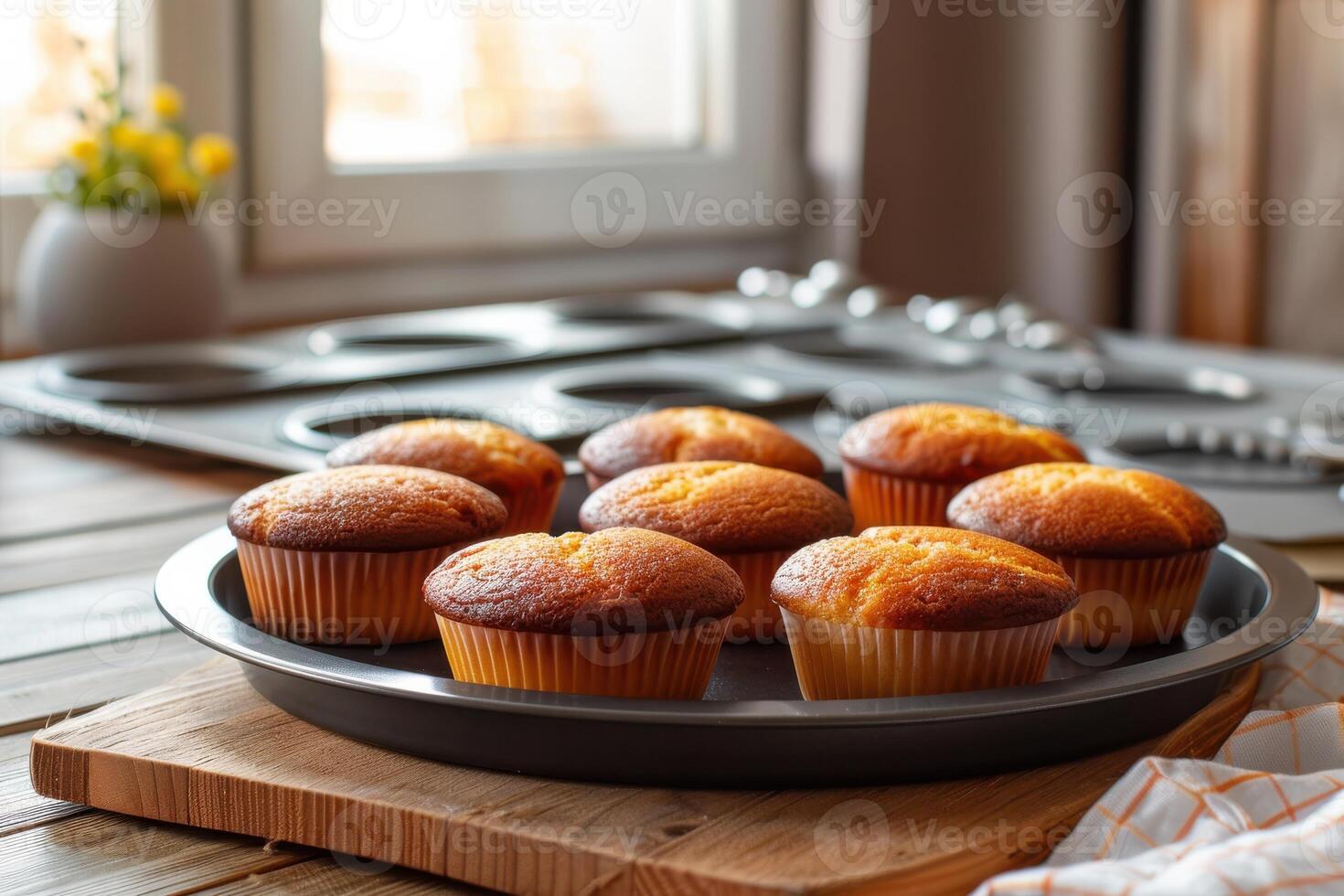 Freshly baked muffins cooling on a wooden board in a sunlit kitchen photo