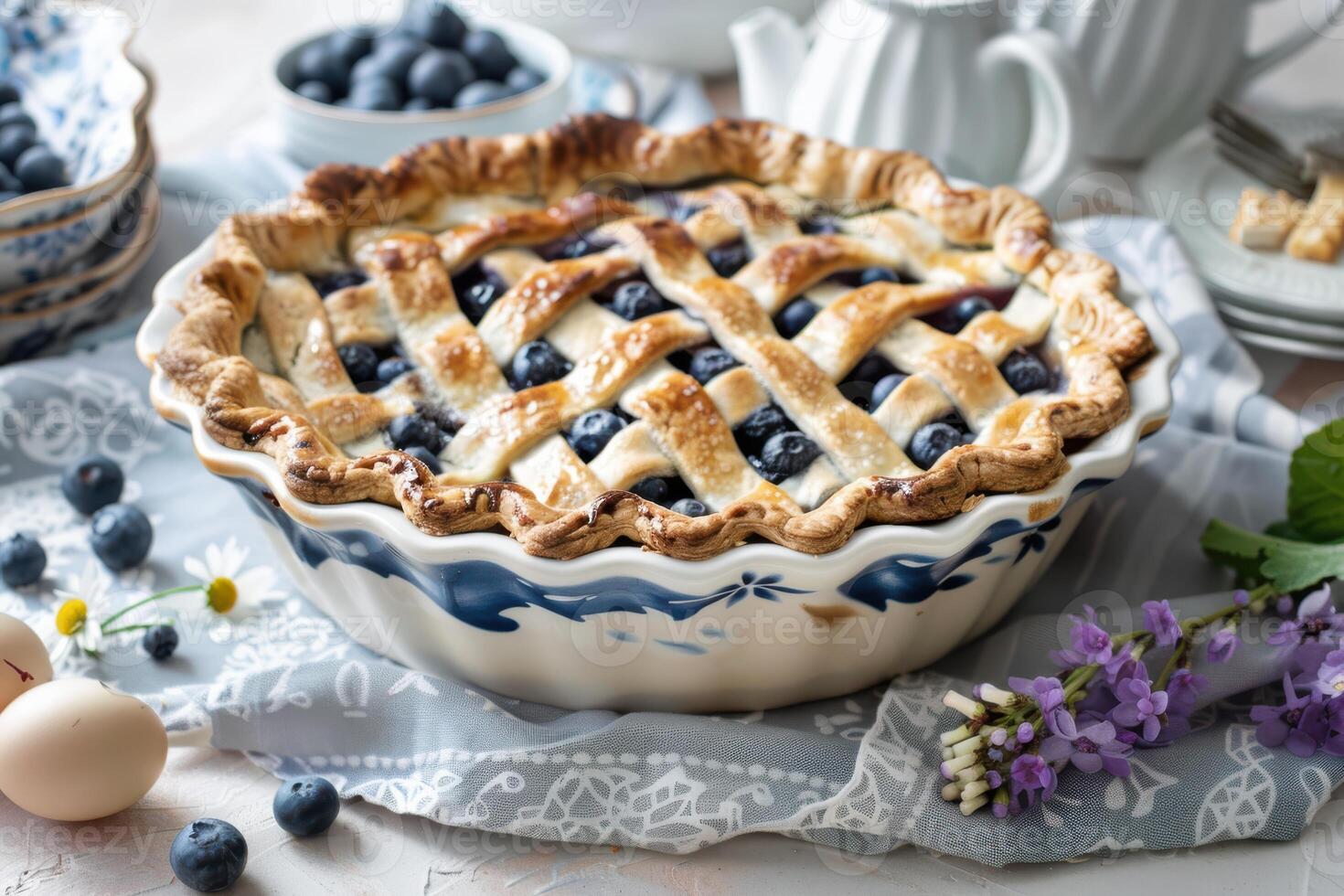 Freshly baked blueberry pie with a golden crust on a rustic table setting, complemented by fresh blueberries and decorative flowers photo