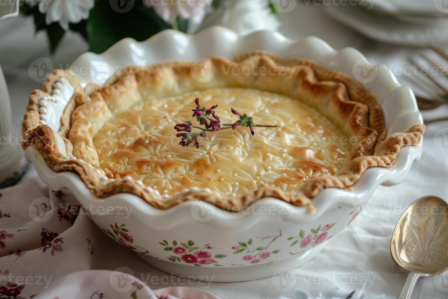 Homemade chicken pot pie in a floral dish on a dining table with white flowers photo