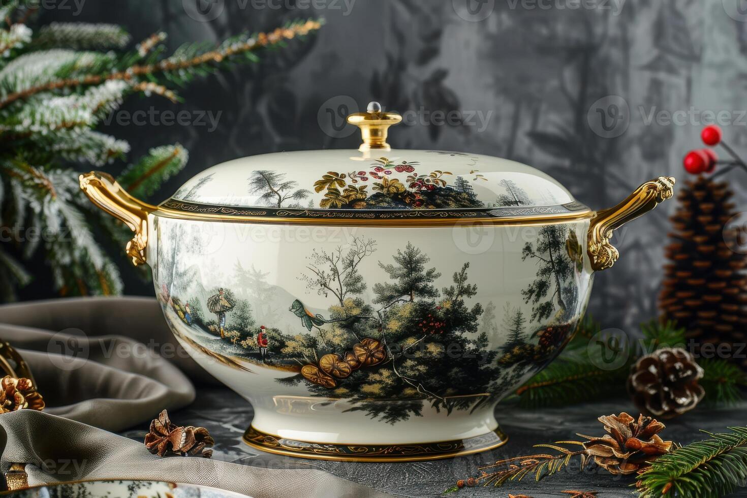 Elegant porcelain tureen with intricate floral design surrounded by pine branches and cones during winter photo