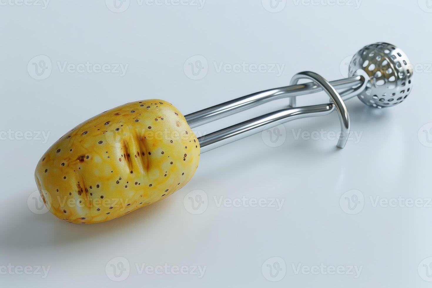 Unique kitchen tool with a yellow textured handle shaped like a potato, resting on a white surface photo