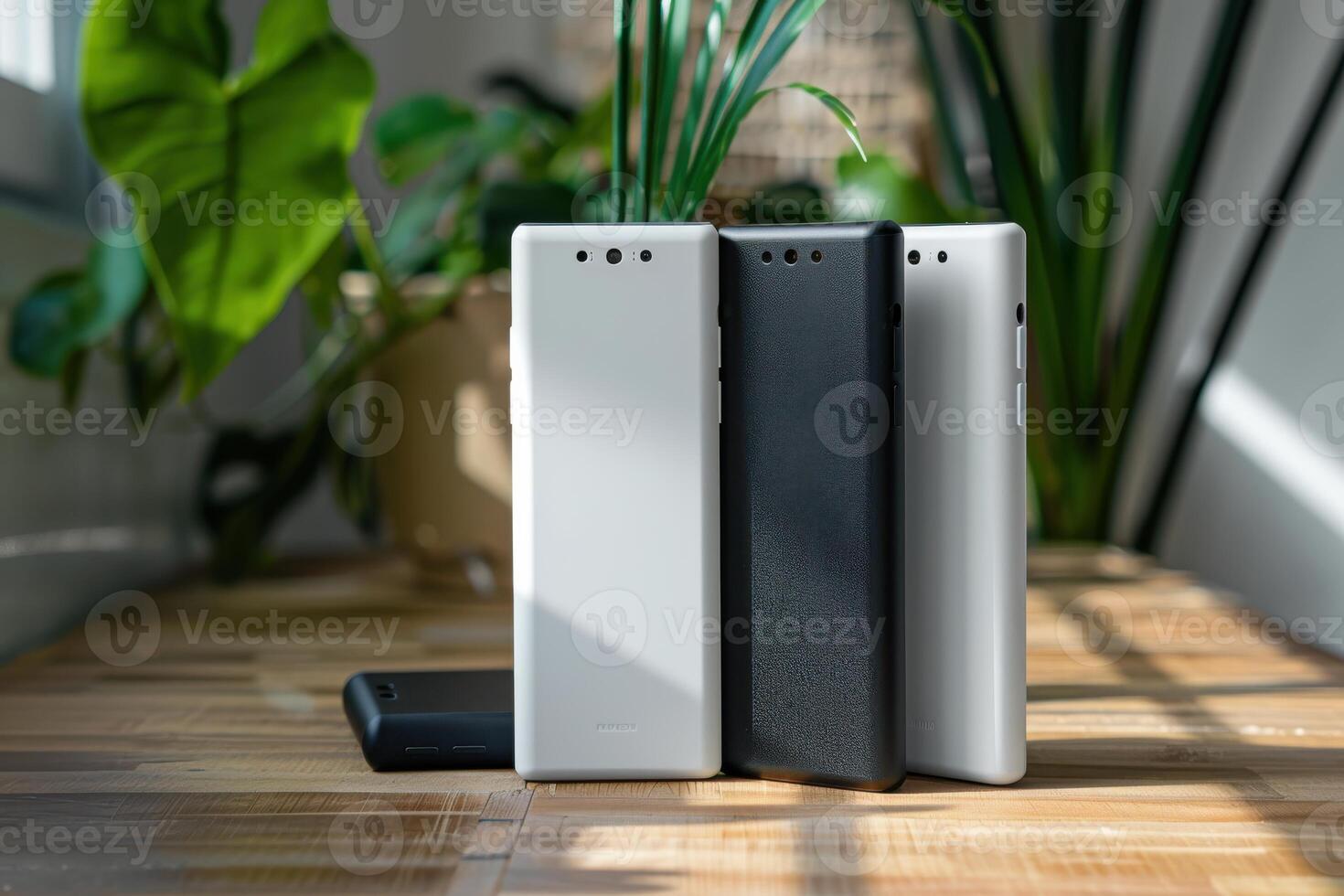 Smartphones in white and black showcased on a wooden table with indoor plants in the background, highlighting modern technology and design photo