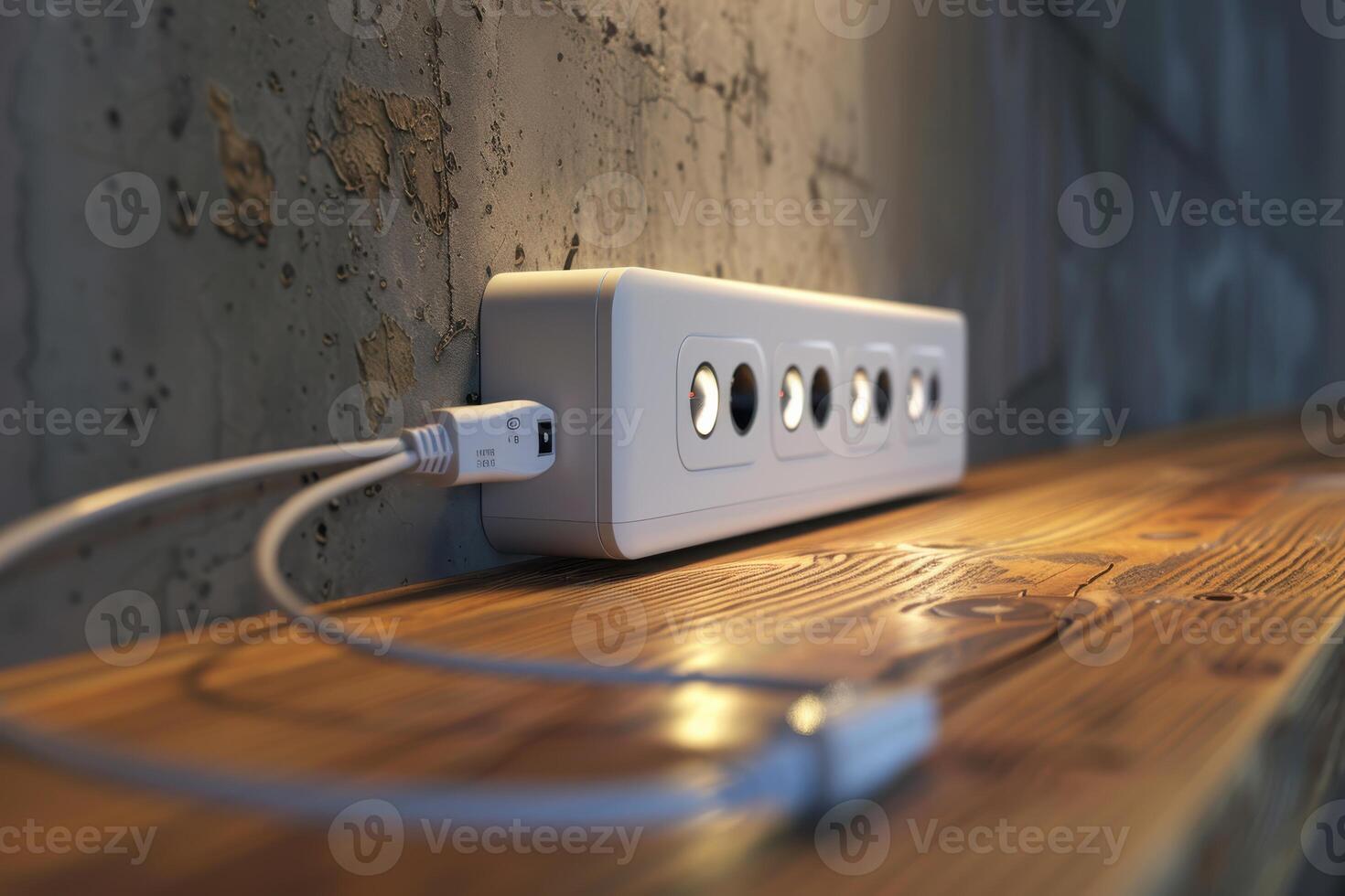 Electrical power strip with multiple outlets connected to a USB cable on a wooden surface near a textured wall photo