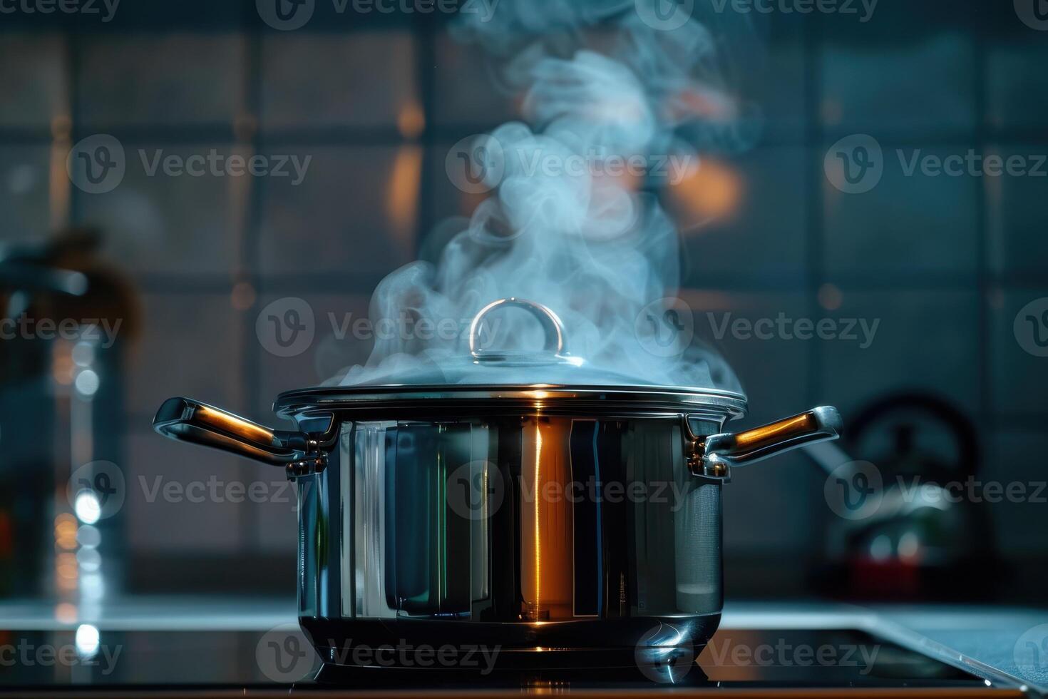 Steaming pot on a modern kitchen stove, showcasing culinary activity in the evening photo