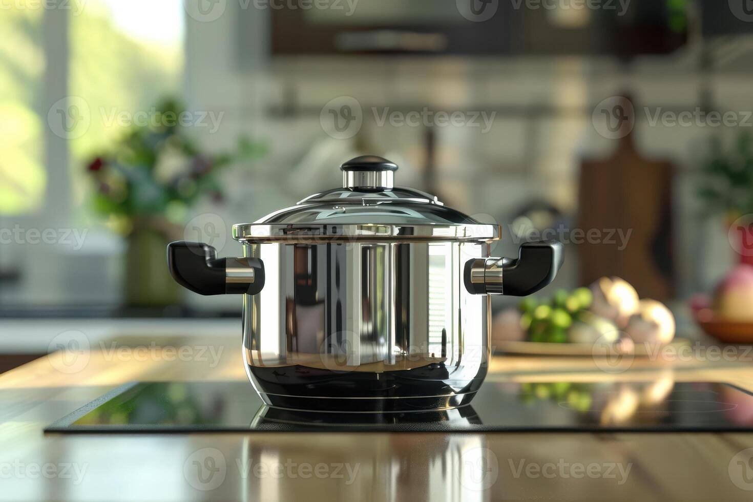 A shiny stainless steel pot sits on a modern kitchen countertop with fresh vegetables in the background and sunlight streaming through the window photo