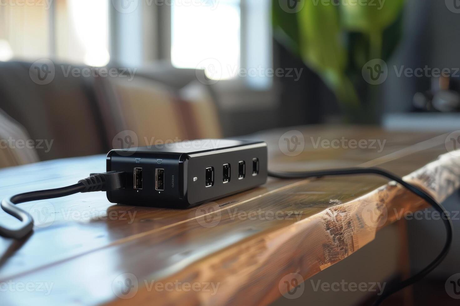 Black USB hub connected to a wooden table in a cozy living space with natural light photo