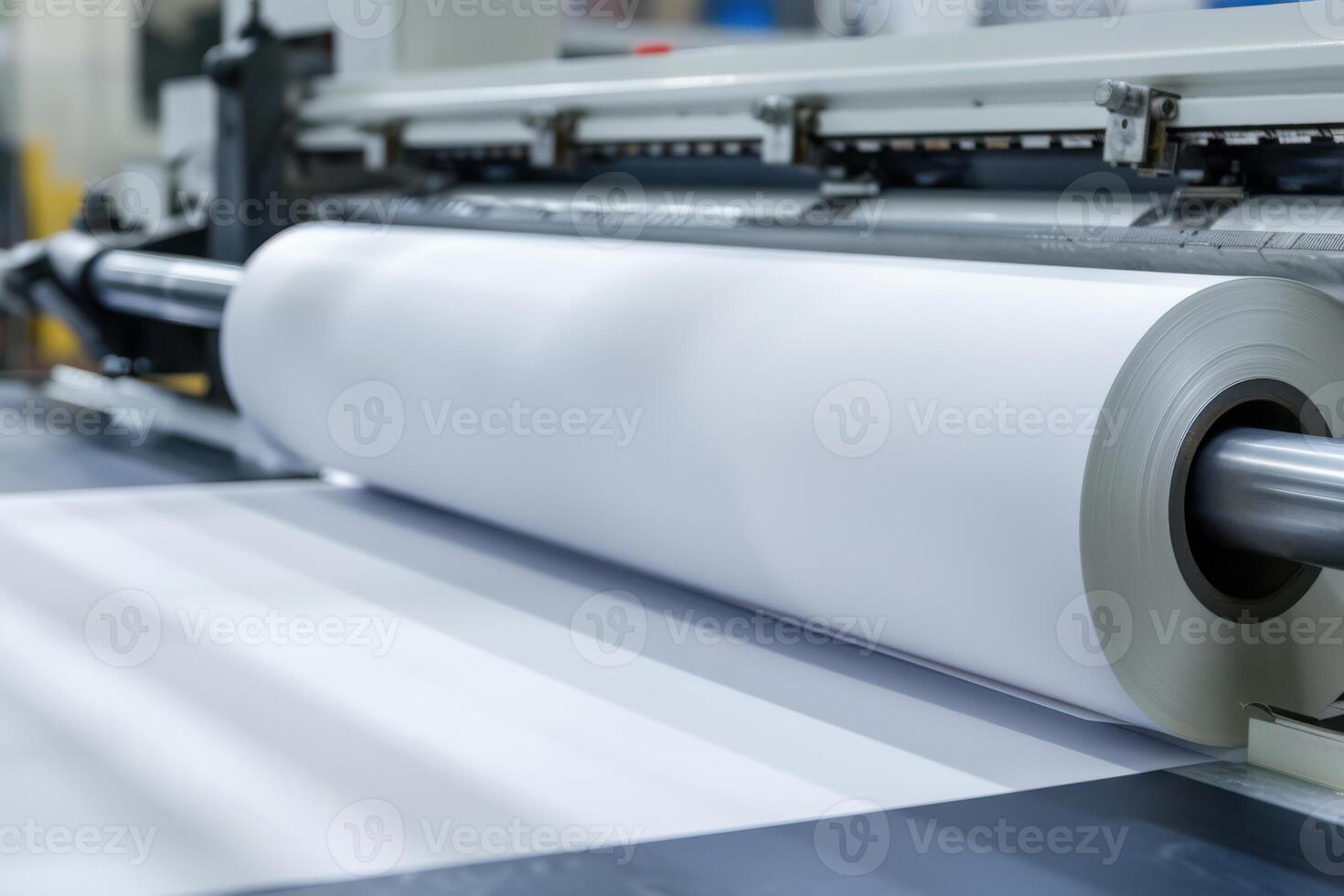 Printing press in operation with large roll of blank paper during commercial production photo