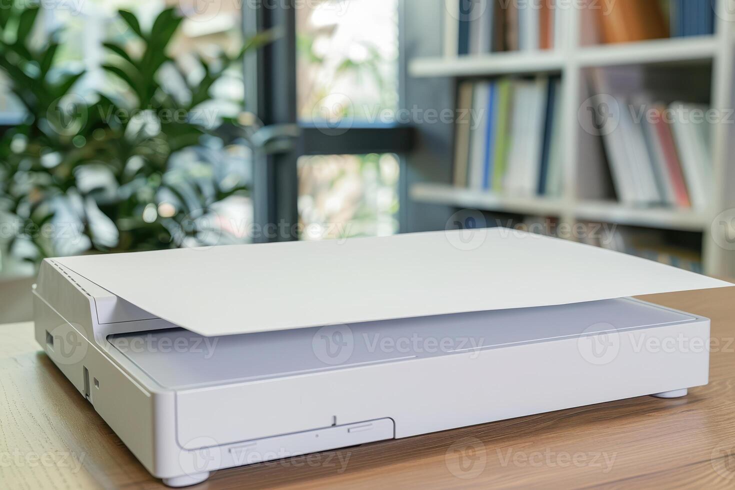 White scanner with blank paper on a wooden desk in a bright office space photo