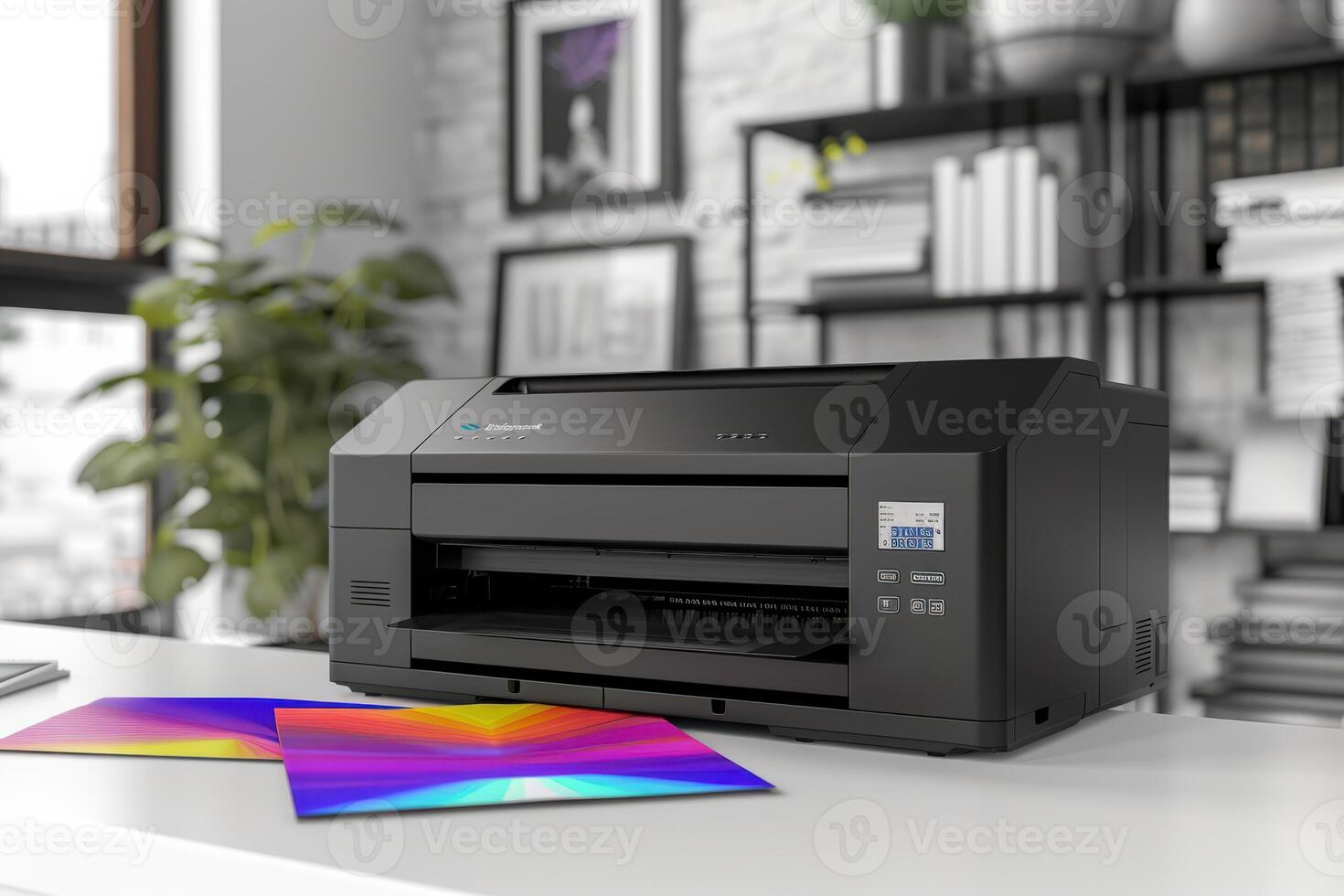 A modern printer with colorful prints displayed on a desk in a stylish home office setting photo