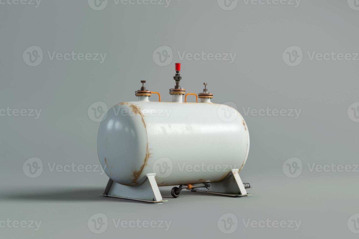 White propane tank with three valves positioned on a gray surface, showcasing industrial design and functionality photo