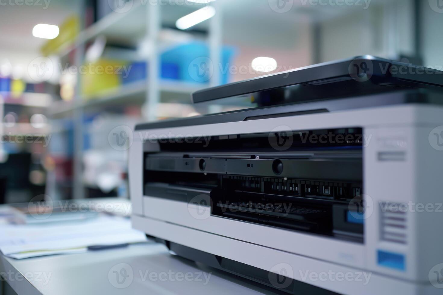 Close-up of a modern all-in-one printer in a bright office space during the workday photo