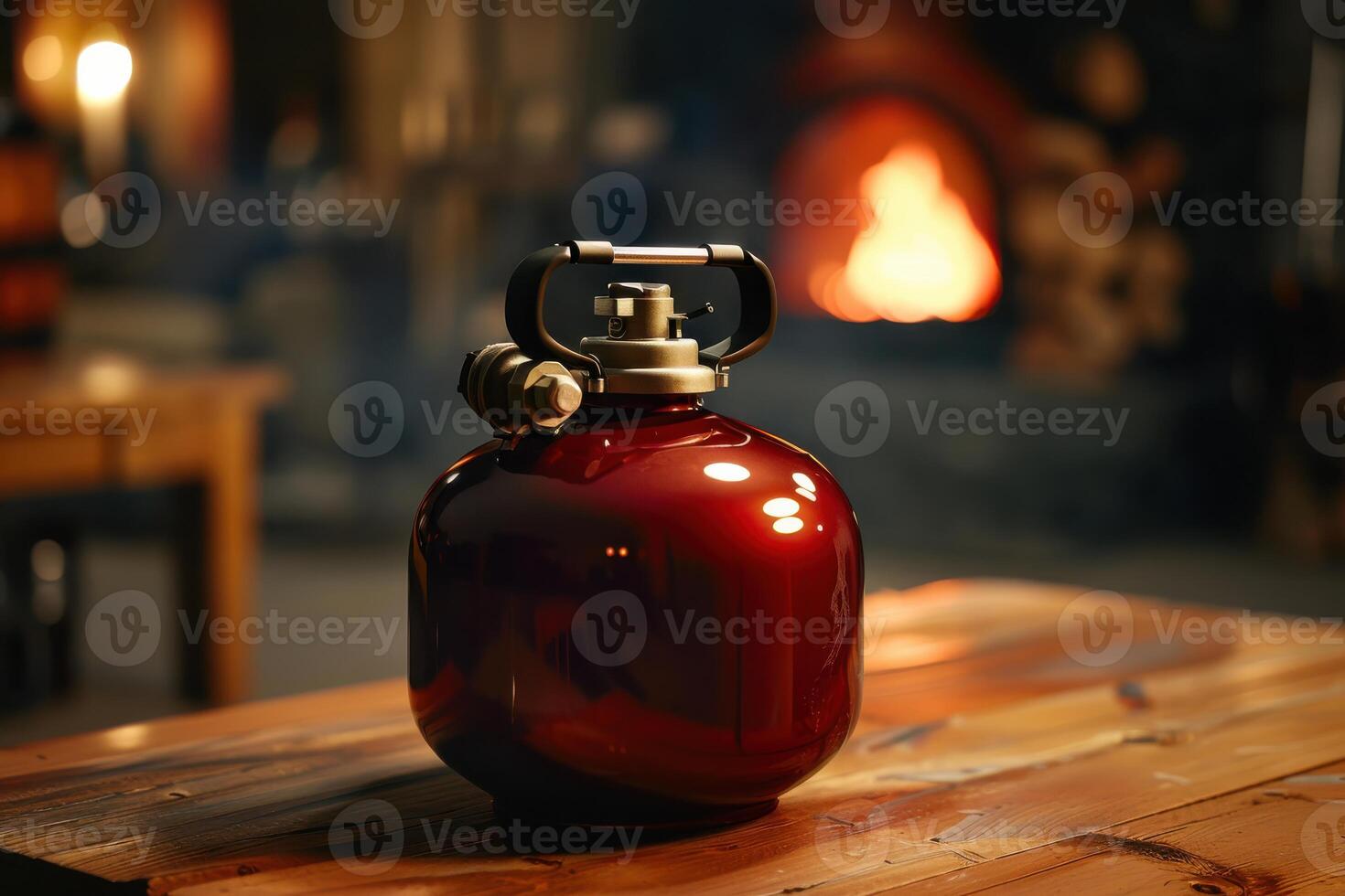 Red gas canister on a wooden table with a warm fire background in a cozy setting photo