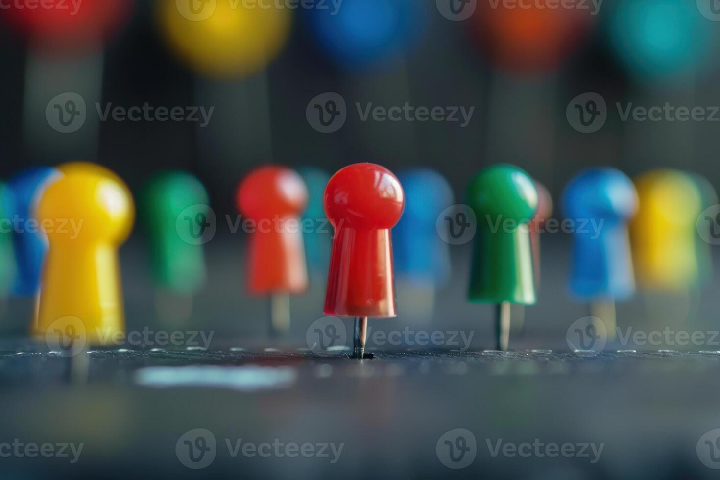 Colorful push pins arranged on a black board in a creative workspace photo