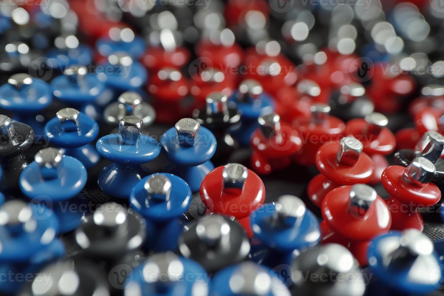 Colorful collection of push pins on a surface in a classroom setting photo