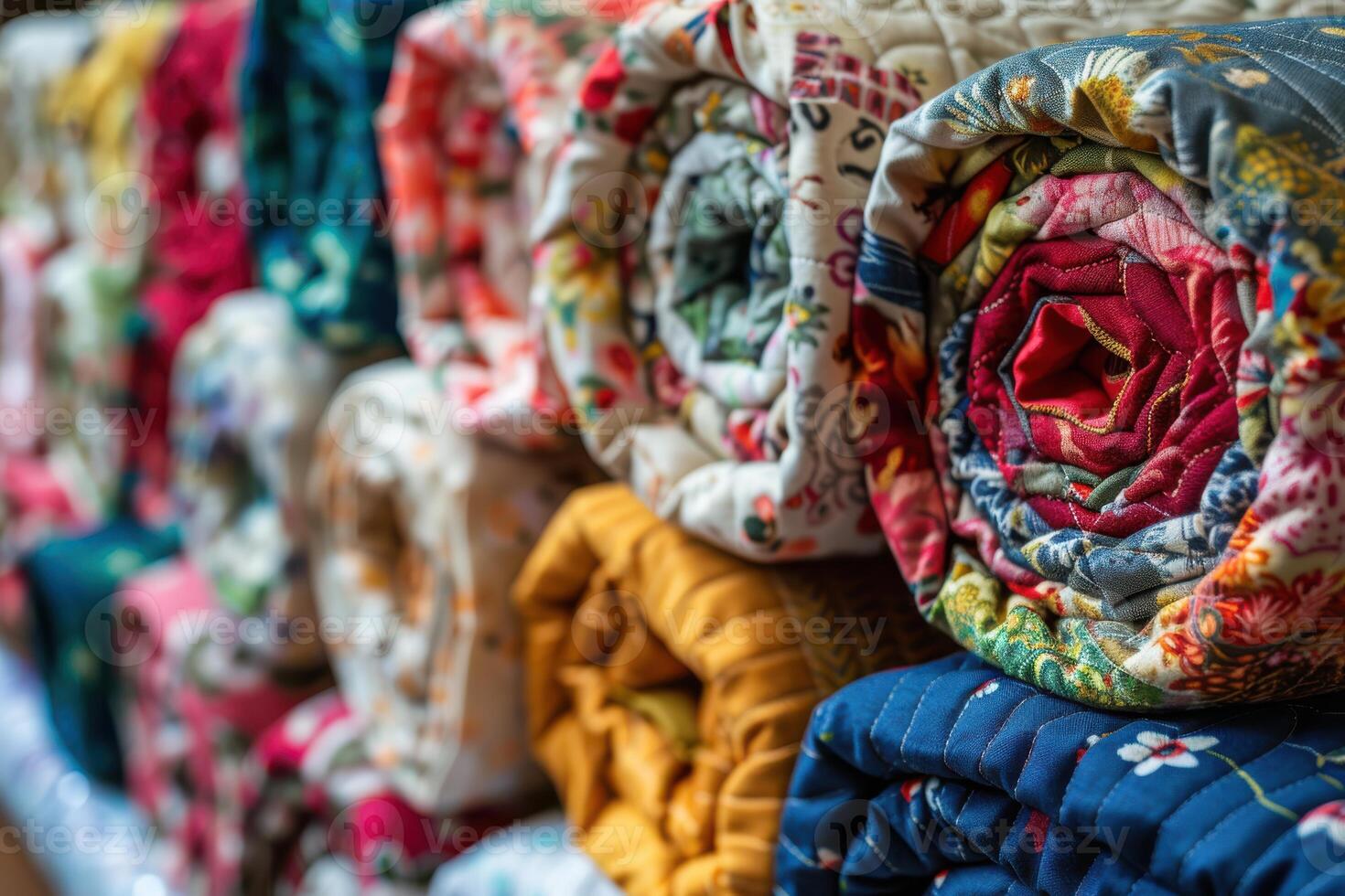 Colorful rolled quilts displayed in a market stall, showcasing various patterns and textures photo