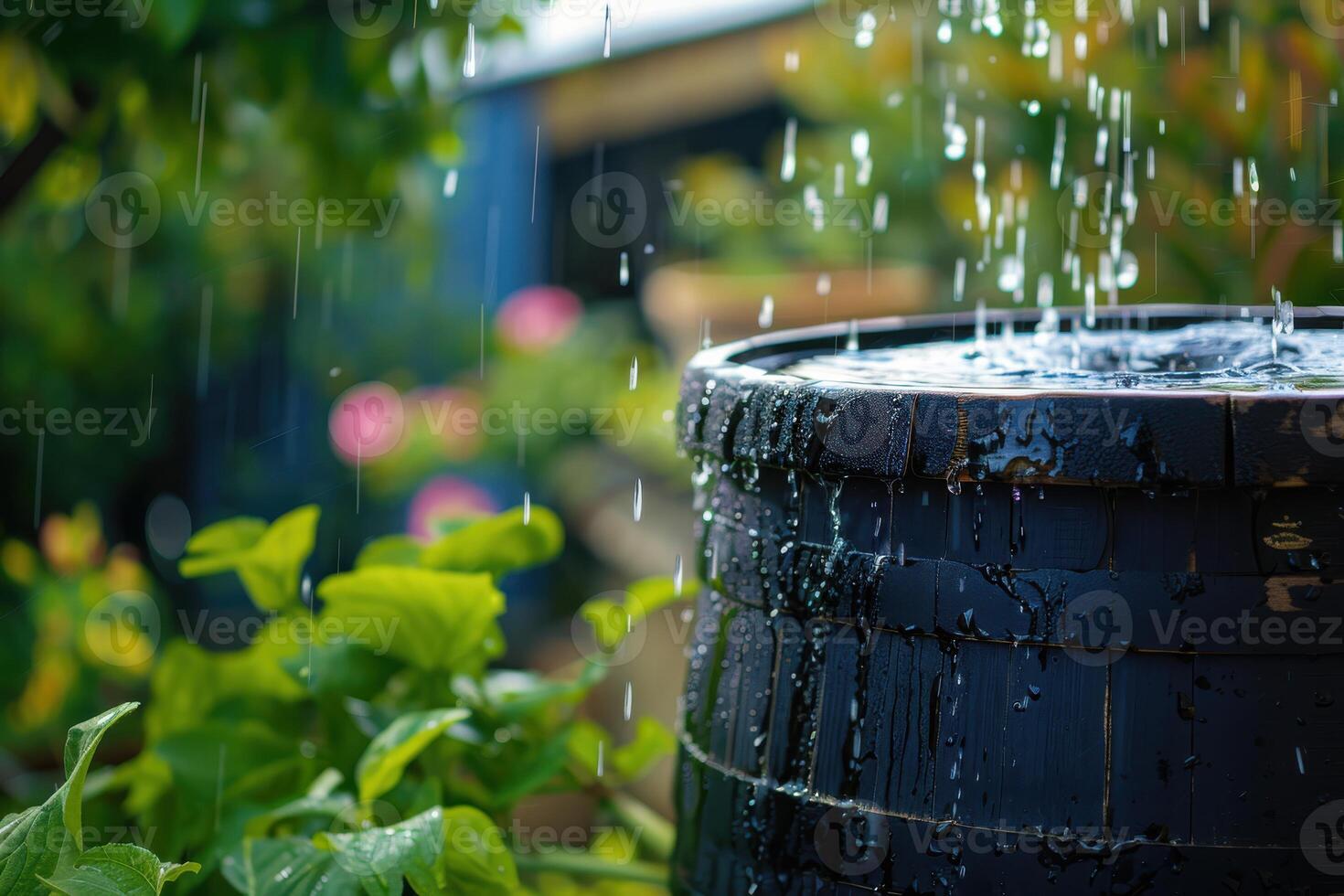 Rain falling into a black barrel surrounded by greenery and colorful flowers in a garden during the afternoon photo