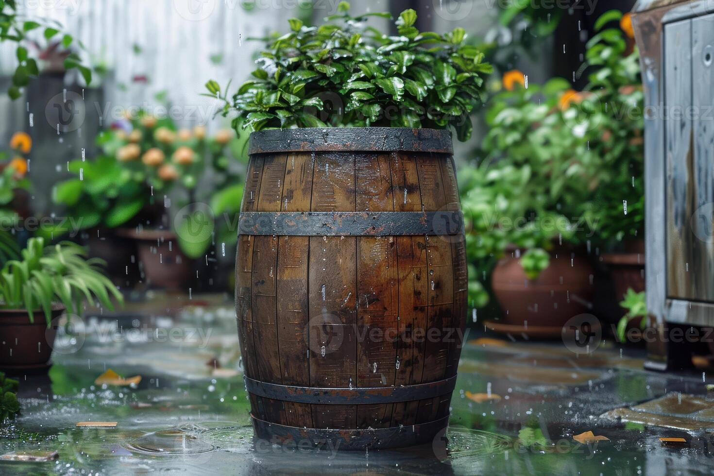 A wooden barrel planter with greenery during a light rain in a lush garden photo