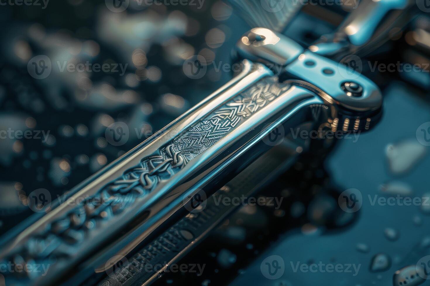 Close-up of a beautifully crafted balisong knife resting on a wet surface with intricate patterns reflecting light photo