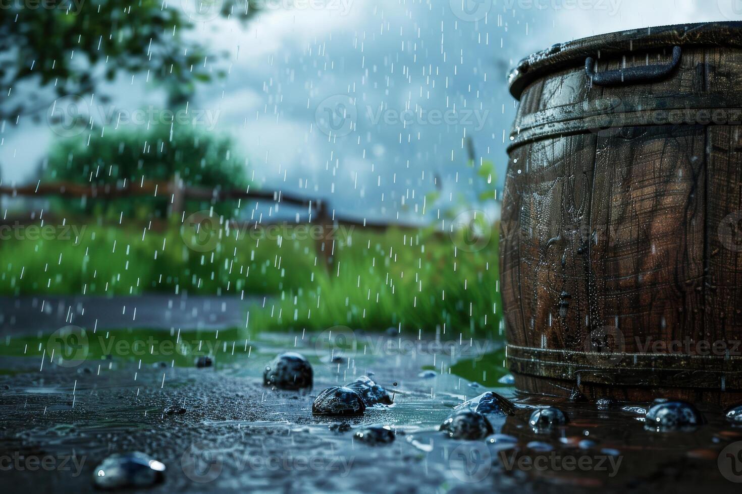 Rain falling on a wooden barrel surrounded by stones in a lush outdoor setting on a cloudy day photo