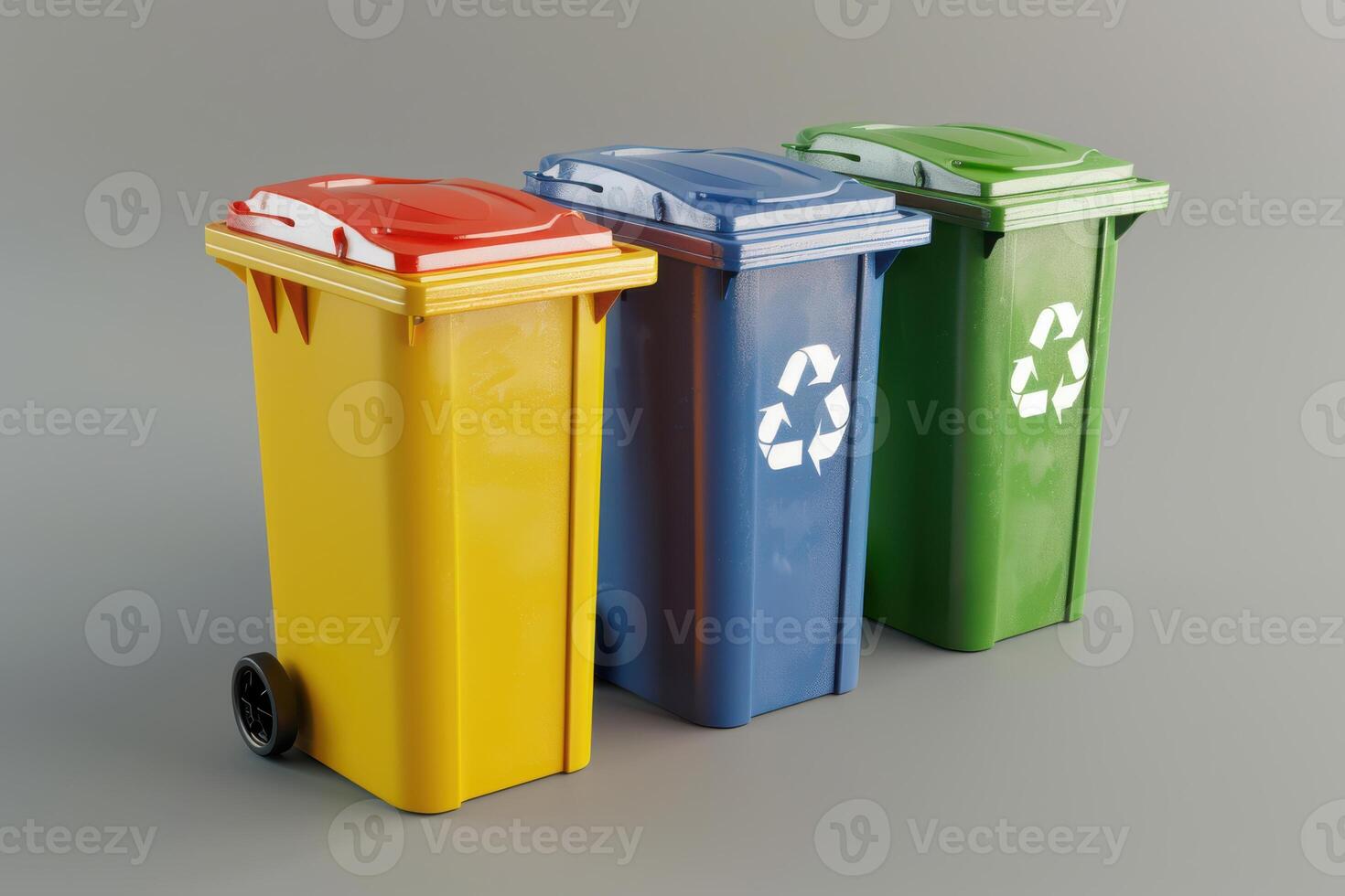 Colorful recycling bins lined up for waste separation in a clean environment photo