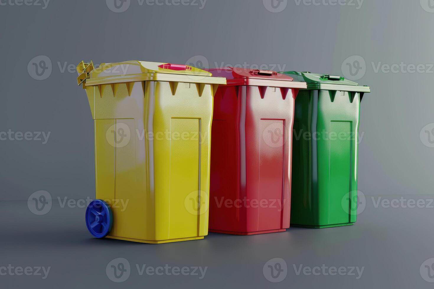 Colorful recycling bins for waste sorting in a modern setting photo