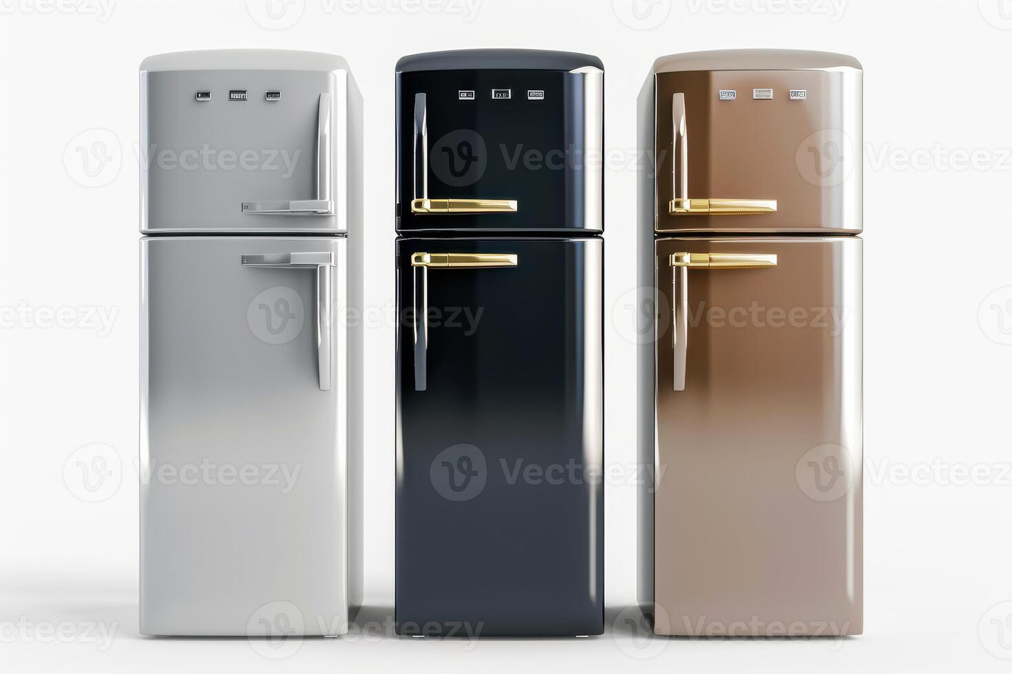 Vintage-style refrigerators displayed in a modern kitchen setting highlighting unique colors and finishes photo