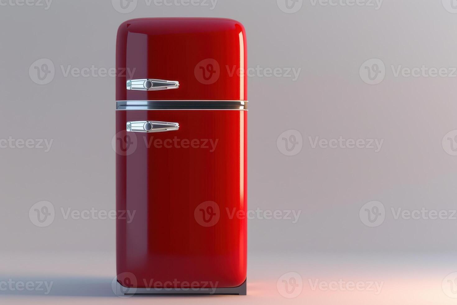 Bright red retro refrigerator standing against a plain background, showcasing its vibrant color and classic design photo